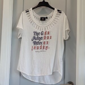 Harley-Davidson White Cut-Out Tee with Graphic Text